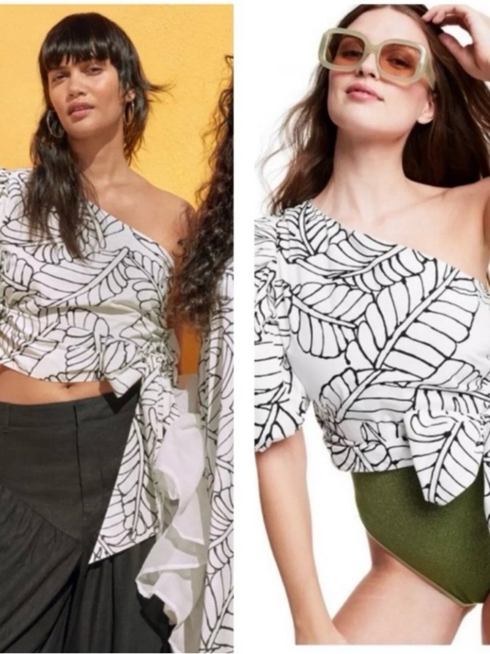 Fe Noel One-Shoulder Leaf-Print Crop Top in White and Black